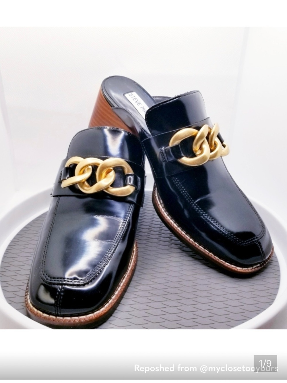 Steve Madden Black Patent Leather Loafers with Gold Chain Accent